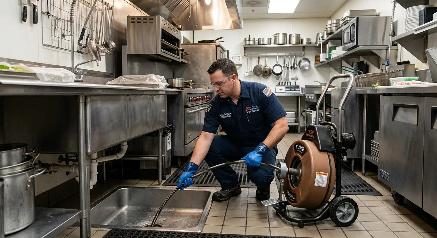 Commercial drain cleaning service in a restaurant kitchen in Cloverly