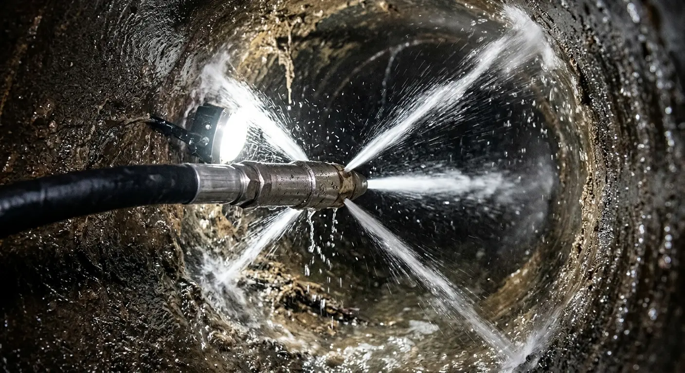 High-pressure hydro jetting nozzle cleaning sewer pipe for Sewer Cleanout in Cloverly
