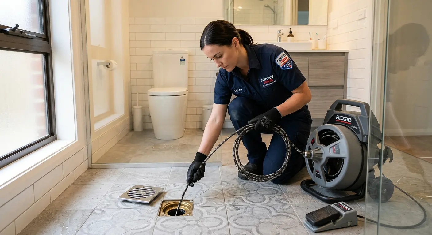 Technician clearing a bathroom floor drain for Hydro Jetting in Cloverly